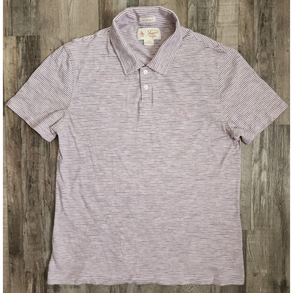 Original Penguin Polo Shirt Mens L Pink Striped Heritage Slim Fit Short Sleeve